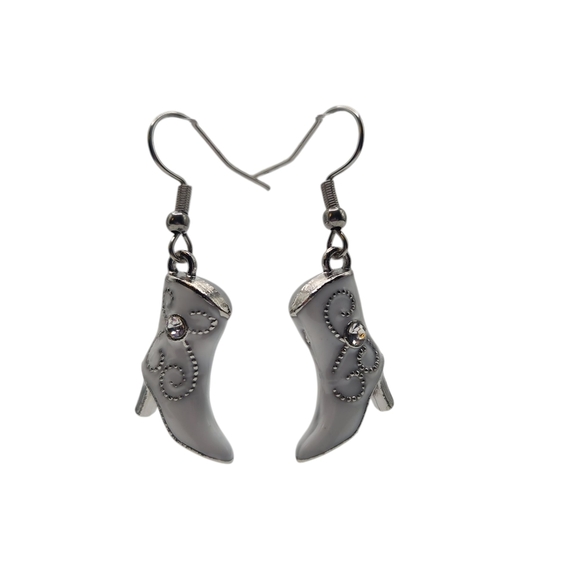 Western Cowboy Boot Earrings White Silver Tone | Handmade Country Cowgirl Dangle - Picture 3 of 5